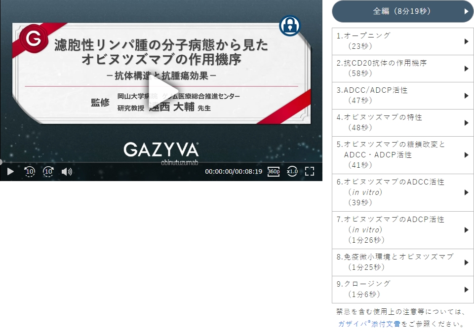 濾胞性リンパ腫の分子病態から見たオビヌツズマブの作用機序 ―抗体構造と抗腫瘍効果― ｜ 動画ライブラリー ｜ ガザイバ ｜ 日本新薬株式会社